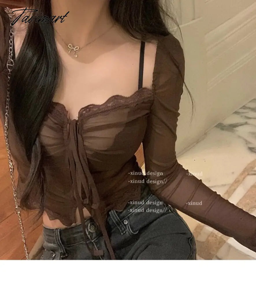 Sexy Hot V-neck Lace Thin Mesh Tops Women Summer Slim Fit Crop Top Blusas Mujer Korean Chic Long Sleeve Bottoming Blouses