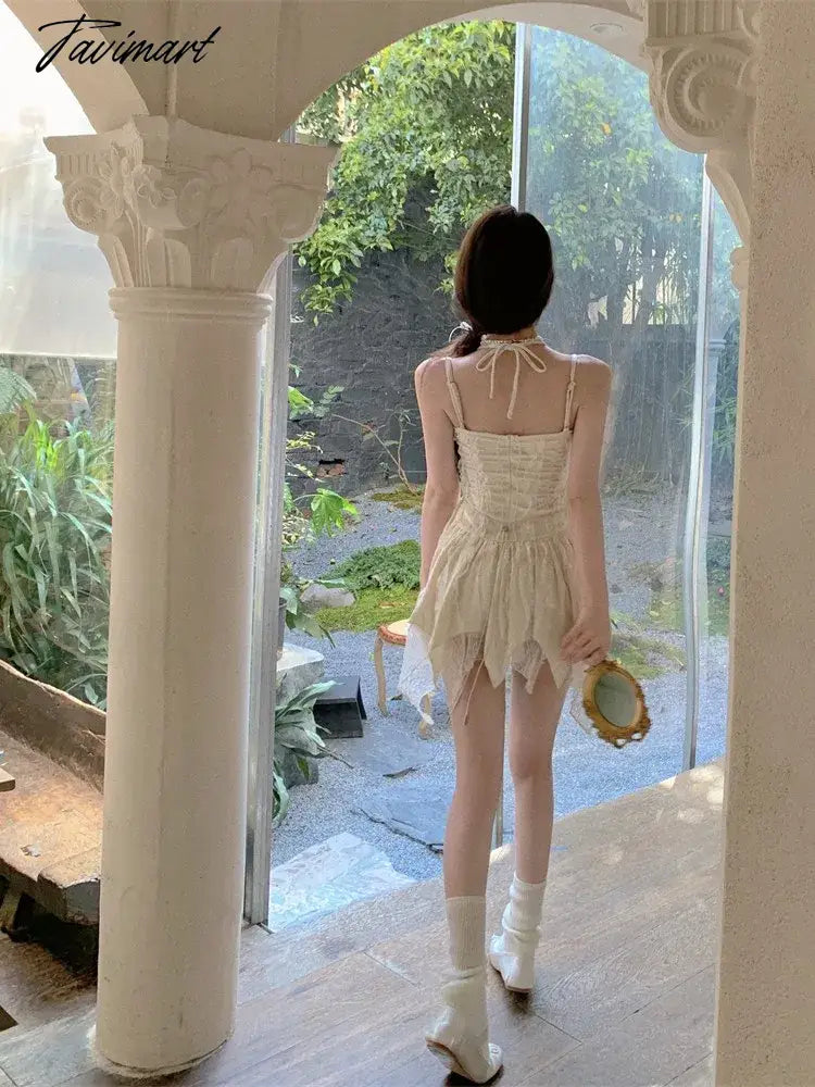 Sexy Irregular Pleated Mini Dress Women Gothic Y2K V-Neck Slim Suspender One Piece A-Line Bandage Design Chic Female Clothes