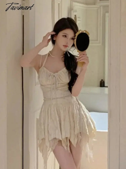 Sexy Irregular Pleated Mini Dress Women Gothic Y2K V-Neck Slim Suspender One Piece A-Line Bandage Design Chic Female Clothes