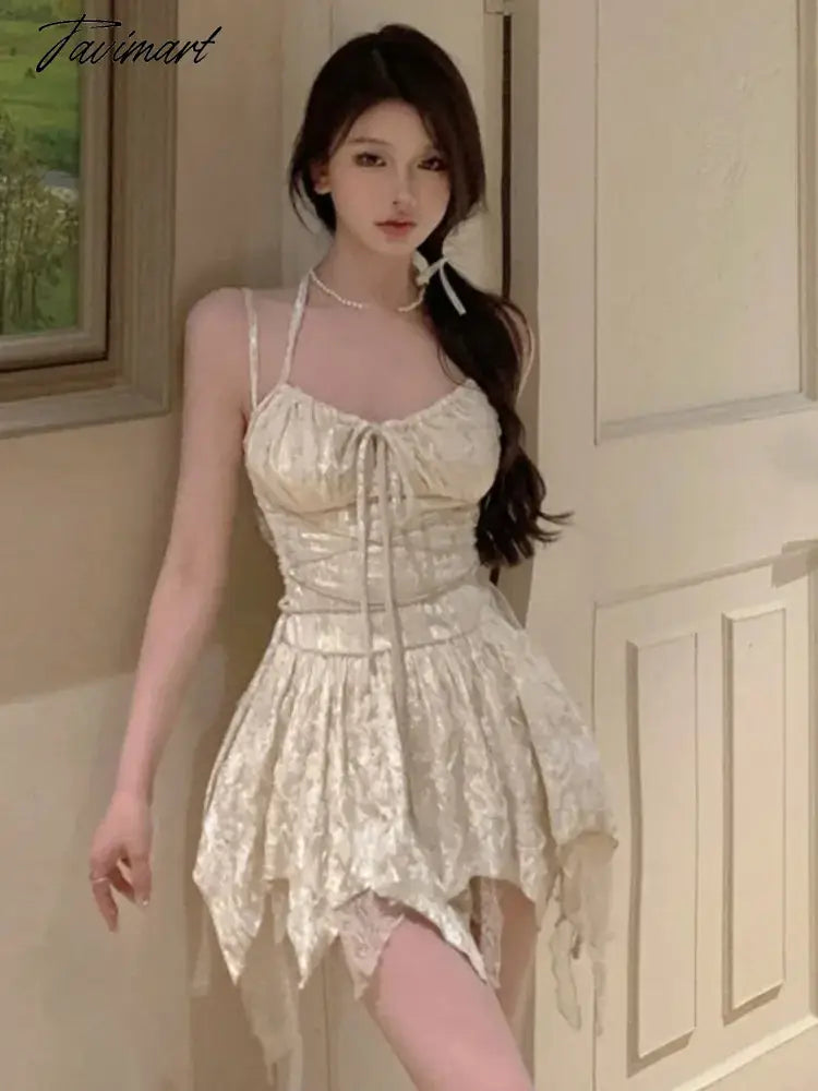 Sexy Irregular Pleated Mini Dress Women Gothic Y2K V-Neck Slim Suspender One Piece A-Line Bandage Design Chic Female Clothes