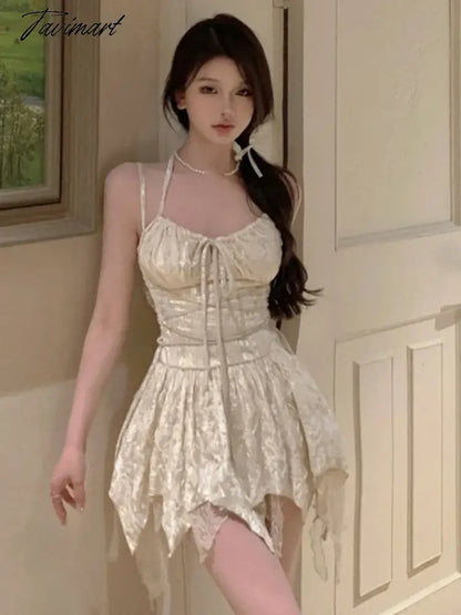 Sexy Irregular Pleated Mini Dress Women Gothic Y2K V-Neck Slim Suspender One Piece A-Line Bandage Design Chic Female Clothes