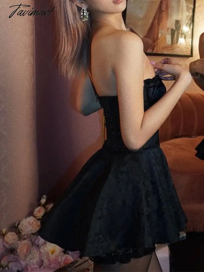 Sexy Jacquard Satin Wood ear Ruched Bra Corset style Strapless Mini Dress Women Hem Ball Gown Swing Party Skater Robe Vestido