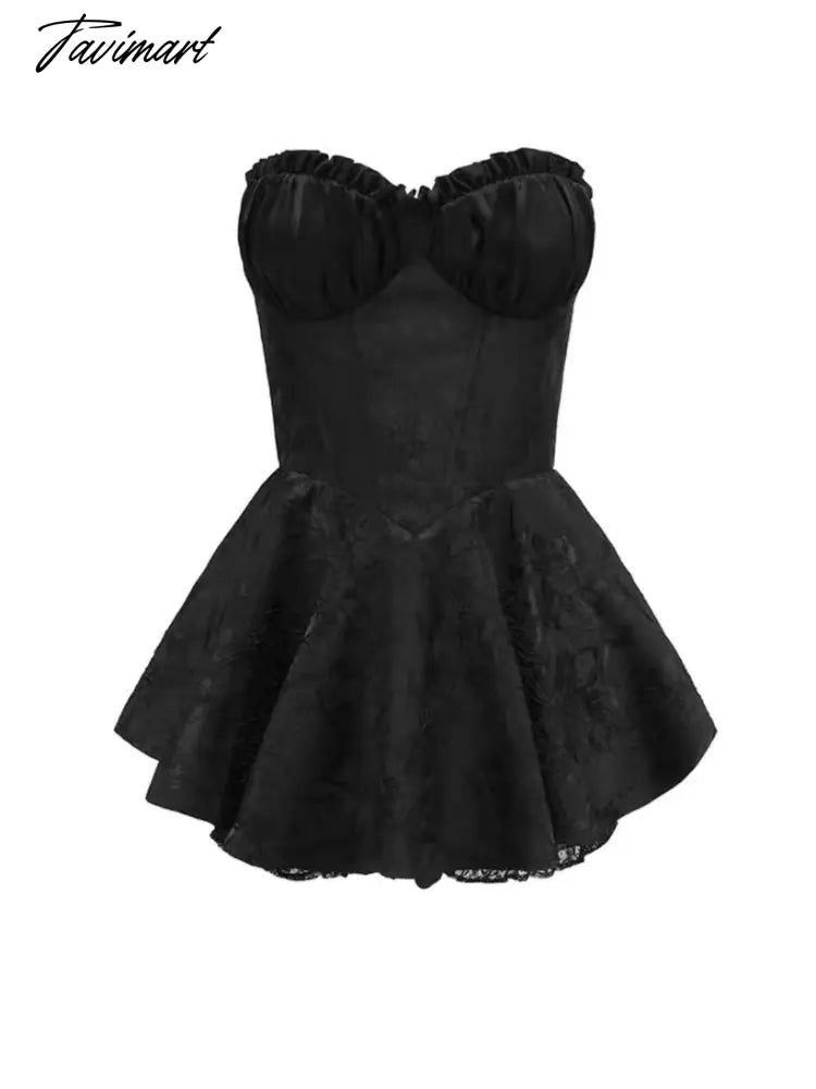 Sexy Jacquard Satin Wood ear Ruched Bra Corset style Strapless Mini Dress Women Hem Ball Gown Swing Party Skater Robe Vestido