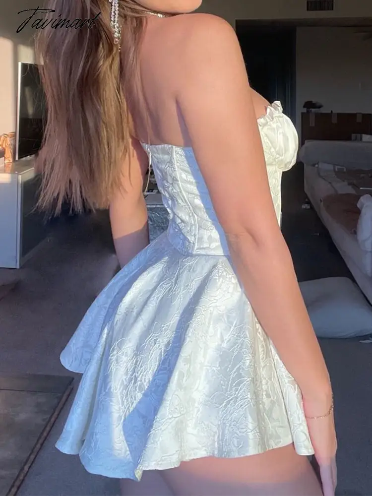 Sexy Jacquard Satin Wood ear Ruched Bra Corset style Strapless Mini Dress Women Hem Ball Gown Swing Party Skater Robe Vestido