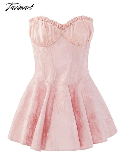 Sexy Jacquard Satin Wood ear Ruched Bra Corset style Strapless Mini Dress Women Hem Ball Gown Swing Party Skater Robe Vestido