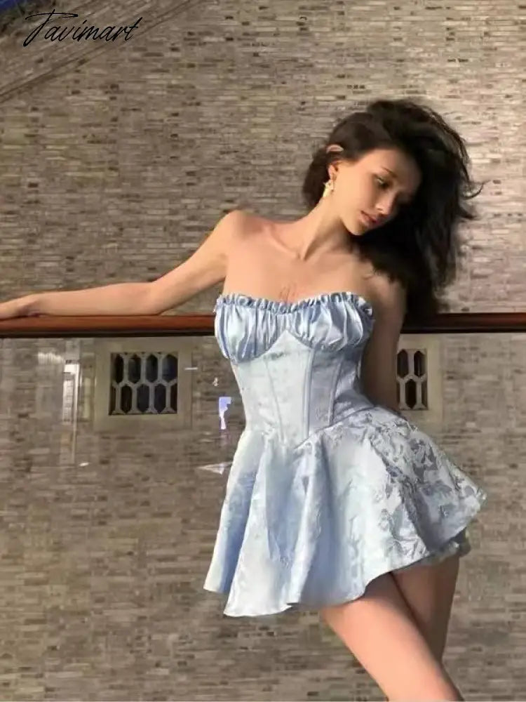 Sexy Jacquard Satin Wood ear Ruched Bra Corset style Strapless Mini Dress Women Hem Ball Gown Swing Party Skater Robe Vestido