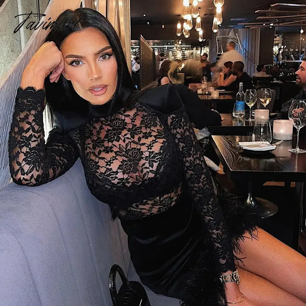 Sexy Lace See Through Dress with Feathers, Black Lace Bodycon, Slim Sheath, Long Sleeve, Mini Dresses, Night Club Party Outfit,