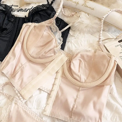 Sexy lace thin underwear set front buckle lengthening vest large bra gathered with steel ring lingerie