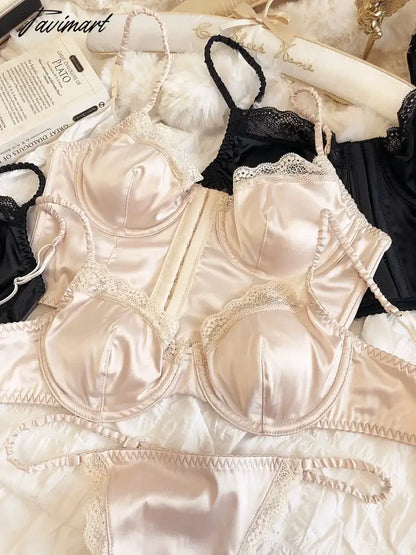 Sexy lace thin underwear set front buckle lengthening vest large bra gathered with steel ring lingerie