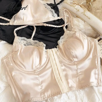 Sexy lace thin underwear set front buckle lengthening vest large bra gathered with steel ring lingerie
