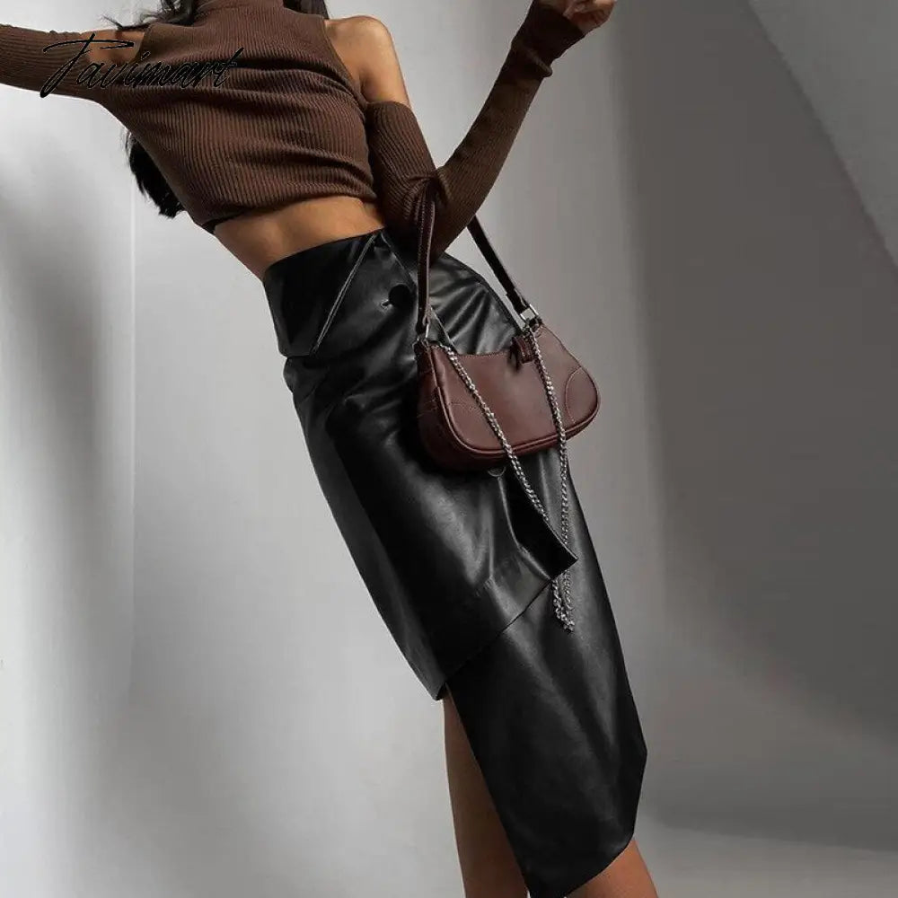Sexy Leather PU High Waist Black Skirts Bodycon Women Autumn Winter Y2K Pencil Midi Skirt Party Clubwear