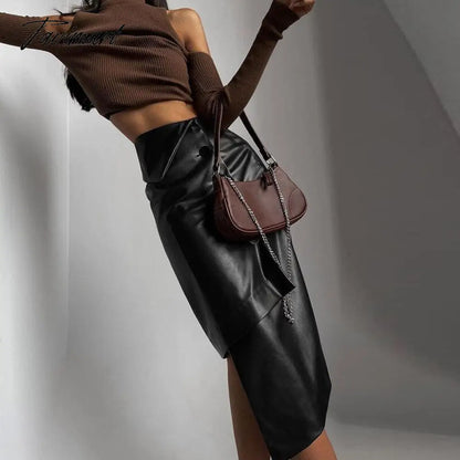 Sexy Leather PU High Waist Black Skirts Bodycon Women Autumn Winter Y2K Pencil Midi Skirt Party Clubwear