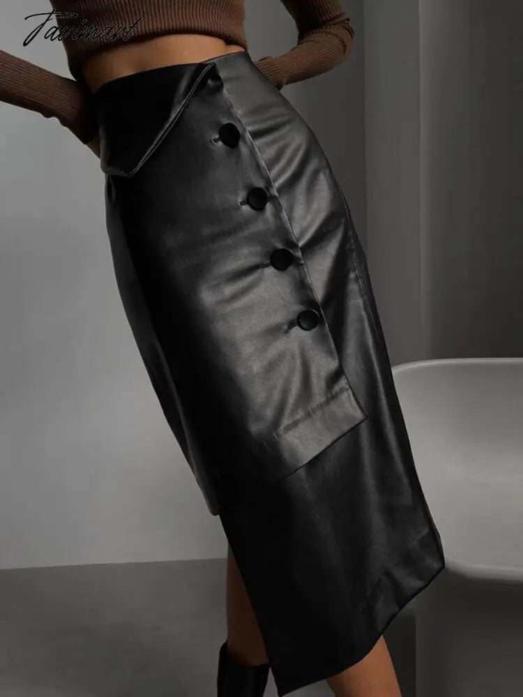 Sexy Leather PU High Waist Black Skirts Bodycon Women Autumn Winter Y2K Pencil Midi Skirt Party Clubwear