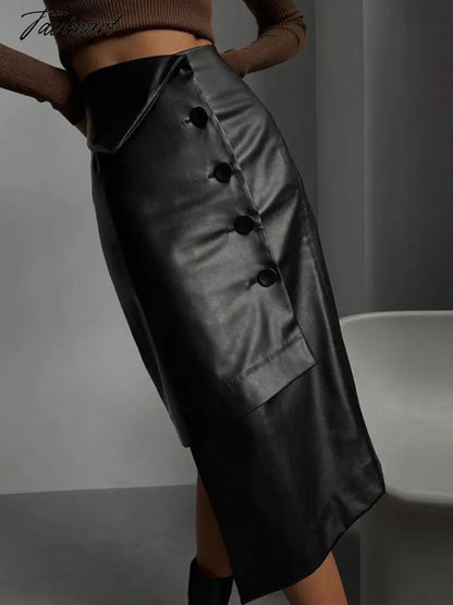 Sexy Leather PU High Waist Black Skirts Bodycon Women Autumn Winter Y2K Pencil Midi Skirt Party Clubwear