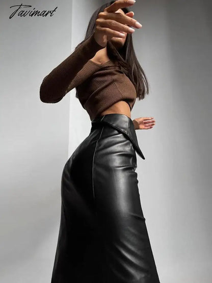 Sexy Leather PU High Waist Black Skirts Bodycon Women Autumn Winter Y2K Pencil Midi Skirt Party Clubwear