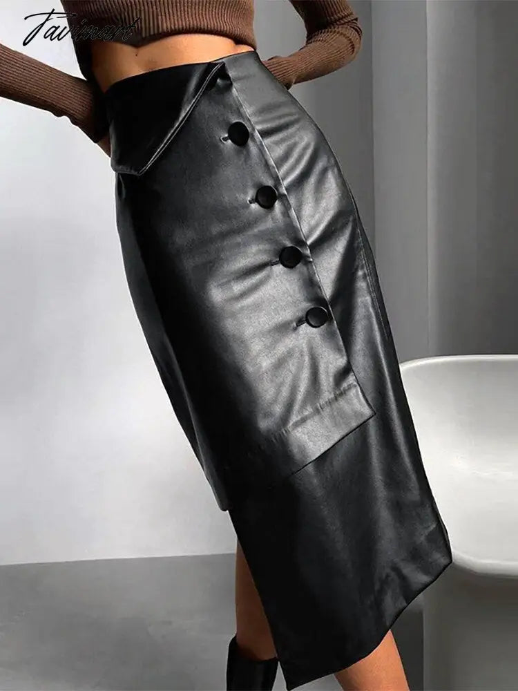 Sexy Leather PU High Waist Black Skirts Bodycon Women Autumn Winter Y2K Pencil Midi Skirt Party Clubwear