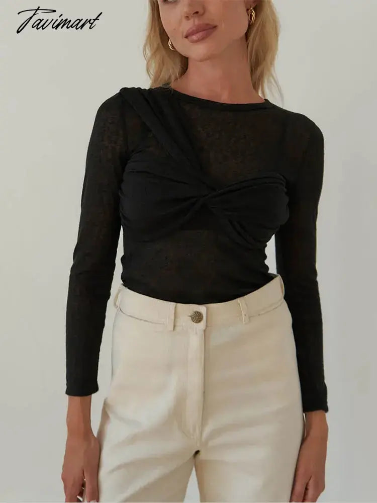 Sexy Mesh See Through Bow Blouses Elegant Slim Long Sleeve Chest Wrapping Crop Top Women Fashion Solid Color Party Clubwear