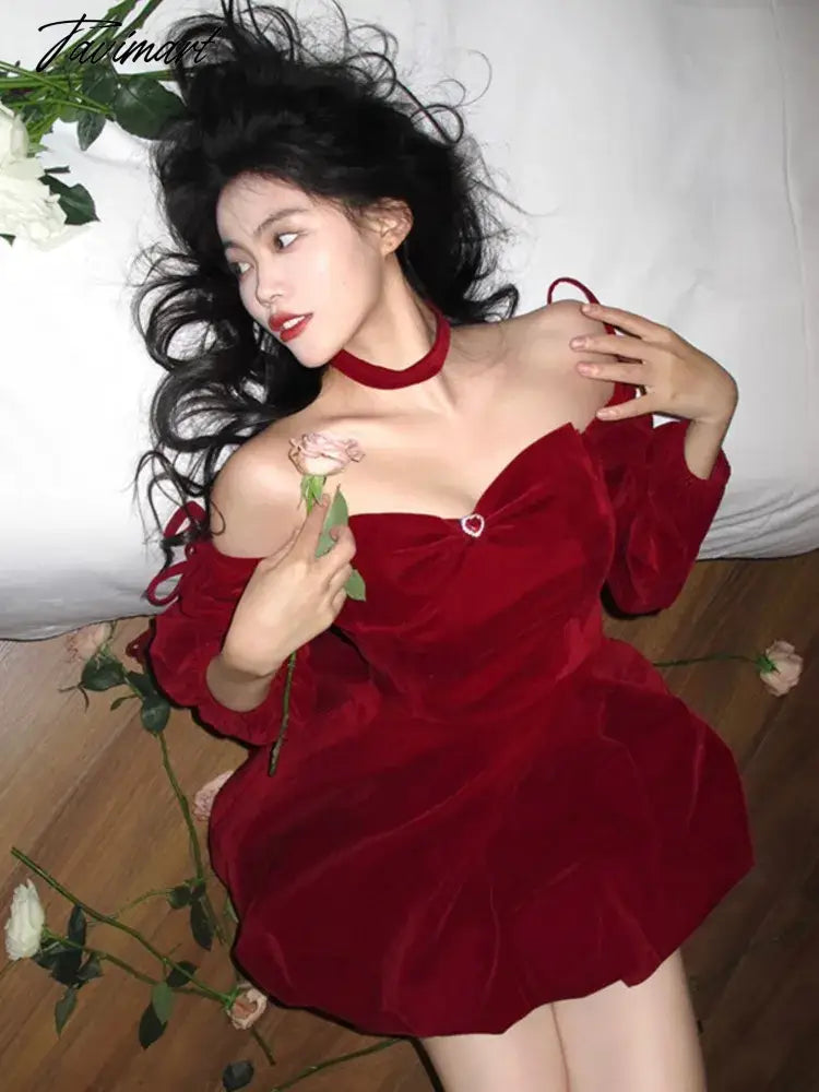 Sexy Red Velvet Mini Dress Women Long Sleeve Slash Neck Autumn Winter Evening Party Elegant Chrismas Dresses Vintage Vestidos