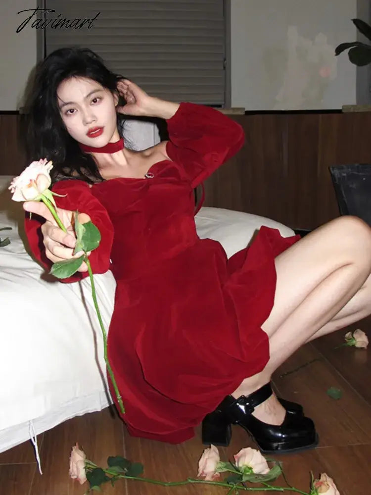 Sexy Red Velvet Mini Dress Women Long Sleeve Slash Neck Autumn Winter Evening Party Elegant Chrismas Dresses Vintage Vestidos