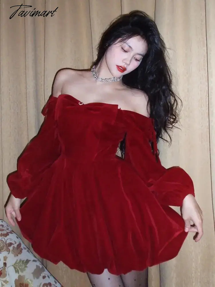 Sexy Red Velvet Mini Dress Women Long Sleeve Slash Neck Autumn Winter Evening Party Elegant Chrismas Dresses Vintage Vestidos