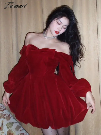Sexy Red Velvet Mini Dress Women Long Sleeve Slash Neck Autumn Winter Evening Party Elegant Chrismas Dresses Vintage Vestidos