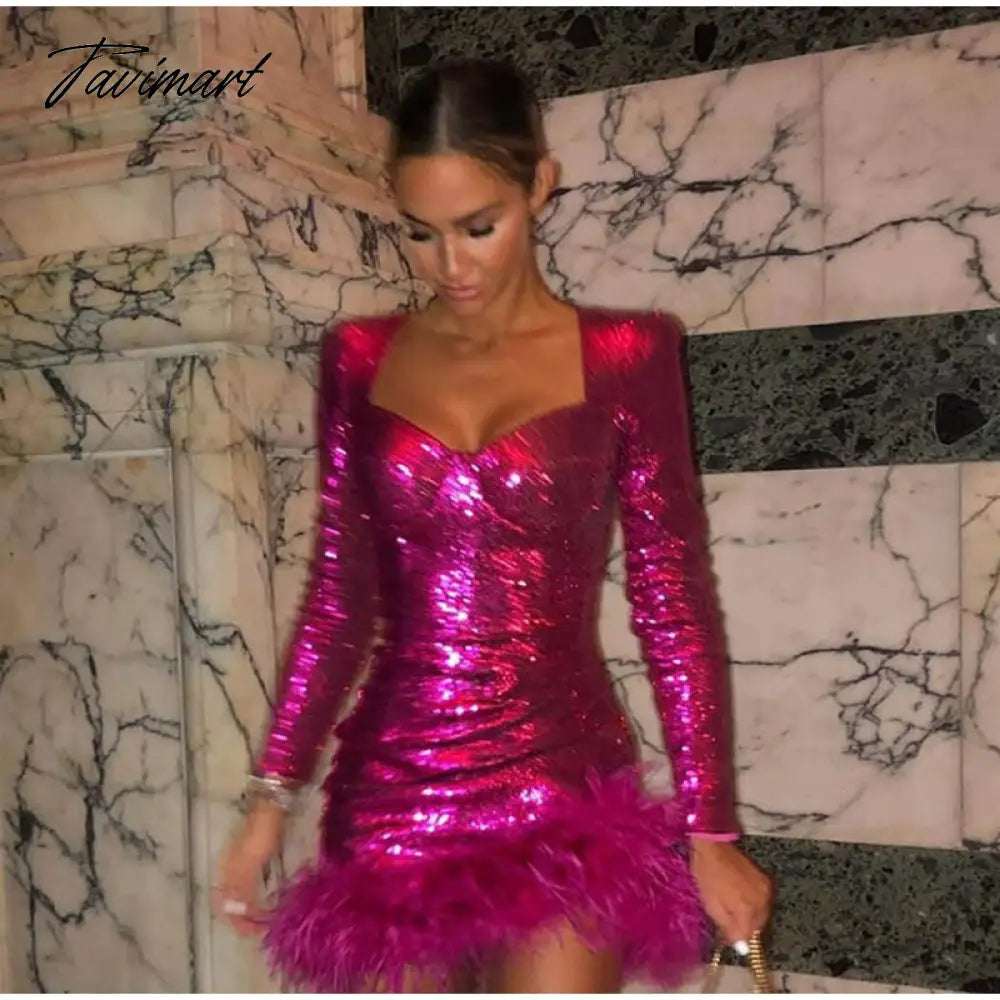 Sexy Sequined Feather Mini Dress Women Autumn Long Sleeve Square Collar Bodycon Dresses Elegant Evening Party Club Short Dress