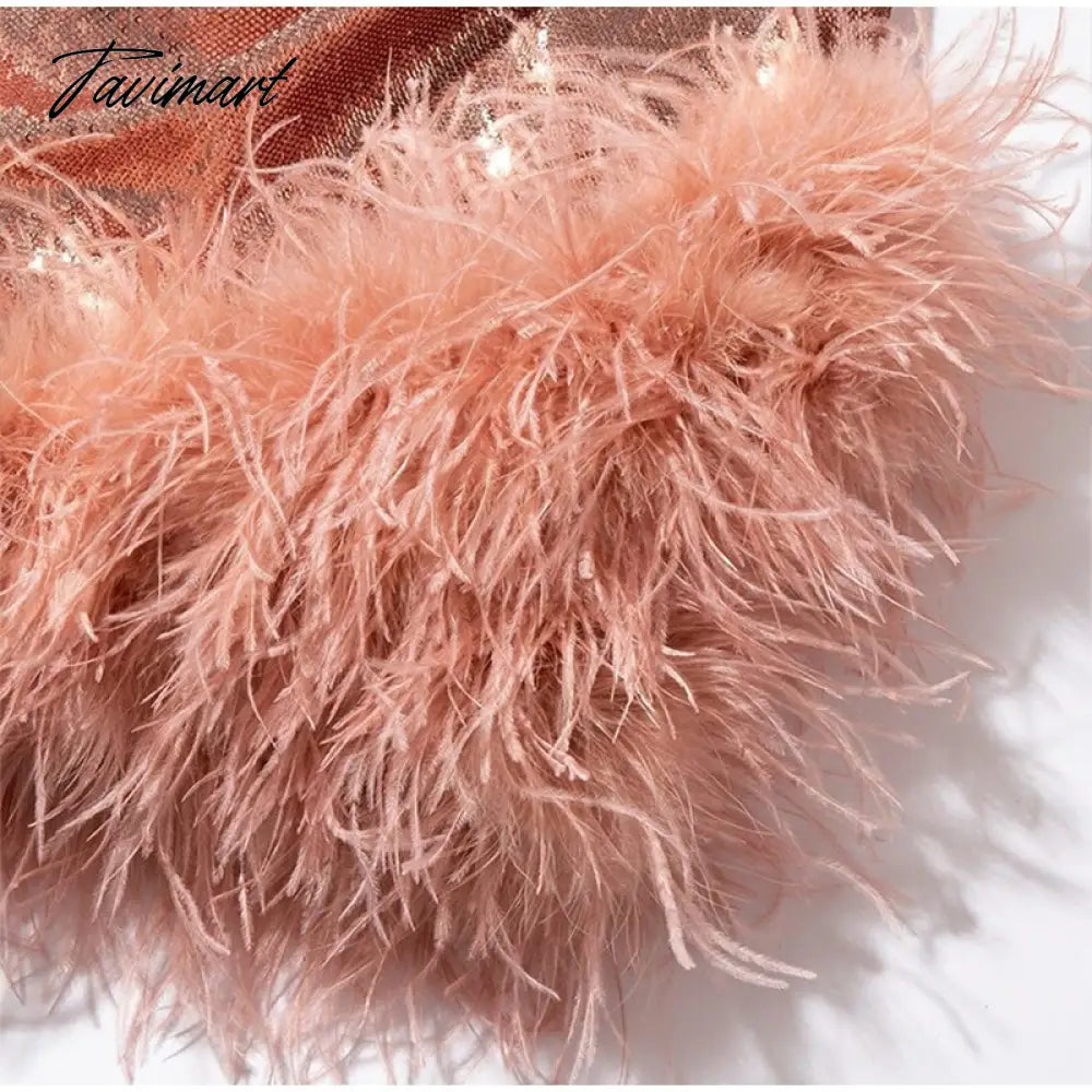 Sexy Sequined Feather Mini Dress Women Autumn Long Sleeve Square Collar Bodycon Dresses Elegant Evening Party Club Short Dress