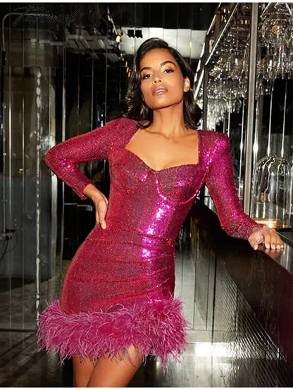 Sexy Sequined Feather Mini Dress Women Autumn Long Sleeve Square Collar Bodycon Dresses Elegant Evening Party Club Short Dress