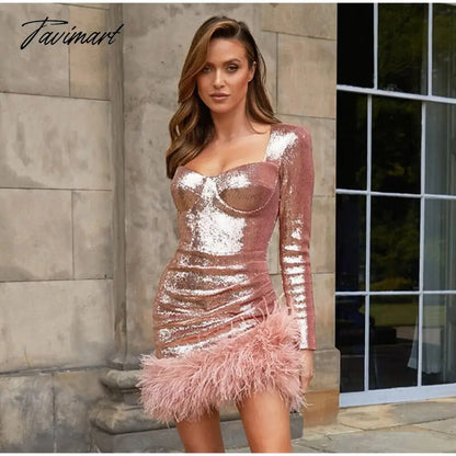 Sexy Sequined Feather Mini Dress Women Autumn Long Sleeve Square Collar Bodycon Dresses Elegant Evening Party Club Short Dress