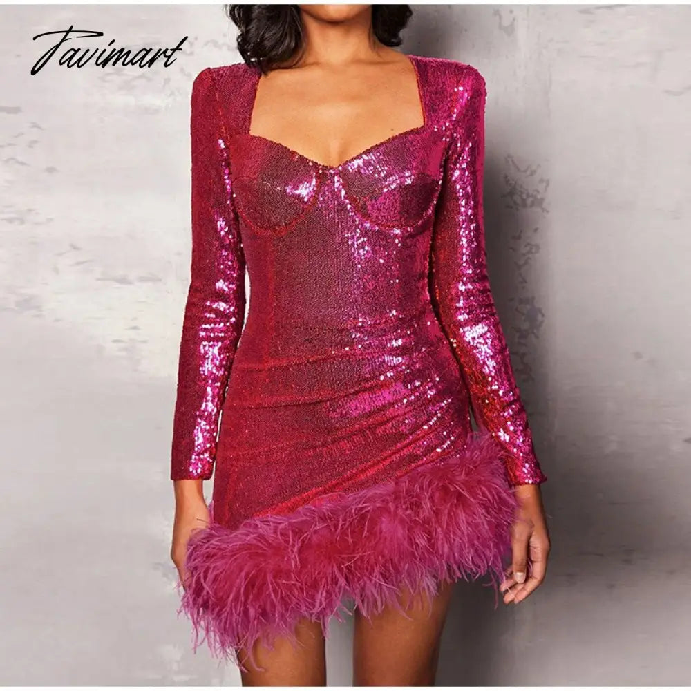 Sexy Sequined Feather Mini Dress Women Autumn Long Sleeve Square Collar Bodycon Dresses Elegant Evening Party Club Short Dress