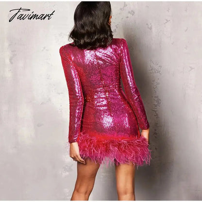 Sexy Sequined Feather Mini Dress Women Autumn Long Sleeve Square Collar Bodycon Dresses Elegant Evening Party Club Short Dress