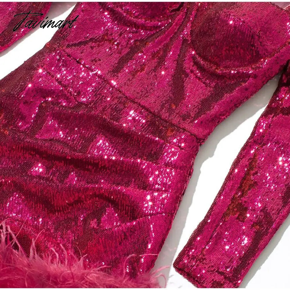 Sexy Sequined Feather Mini Dress Women Autumn Long Sleeve Square Collar Bodycon Dresses Elegant Evening Party Club Short Dress