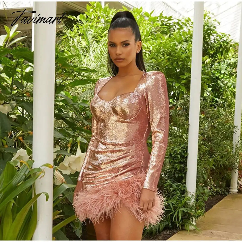 Sexy Sequined Feather Mini Dress Women Autumn Long Sleeve Square Collar Bodycon Dresses Elegant Evening Party Club Short Dress