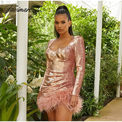 Sexy Sequined Feather Mini Dress Women Autumn Long Sleeve Square Collar Bodycon Dresses Elegant Evening Party Club Short Dress