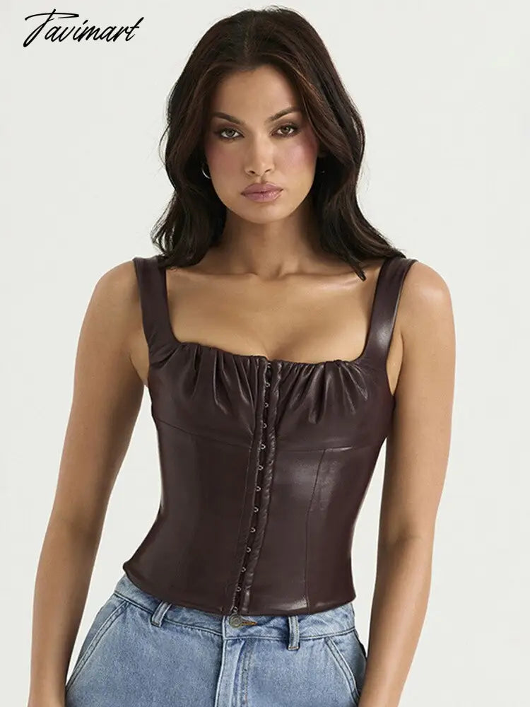Sexy Sleeveless PU Leather Crop Top Women Elegant Backless Short Corset Tops Female Single-breasted Slim Tank Top