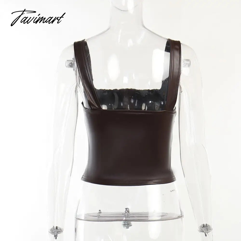 Sexy Sleeveless PU Leather Crop Top Women Elegant Backless Short Corset Tops Female Single-breasted Slim Tank Top