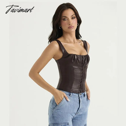 Sexy Sleeveless PU Leather Crop Top Women Elegant Backless Short Corset Tops Female Single-breasted Slim Tank Top