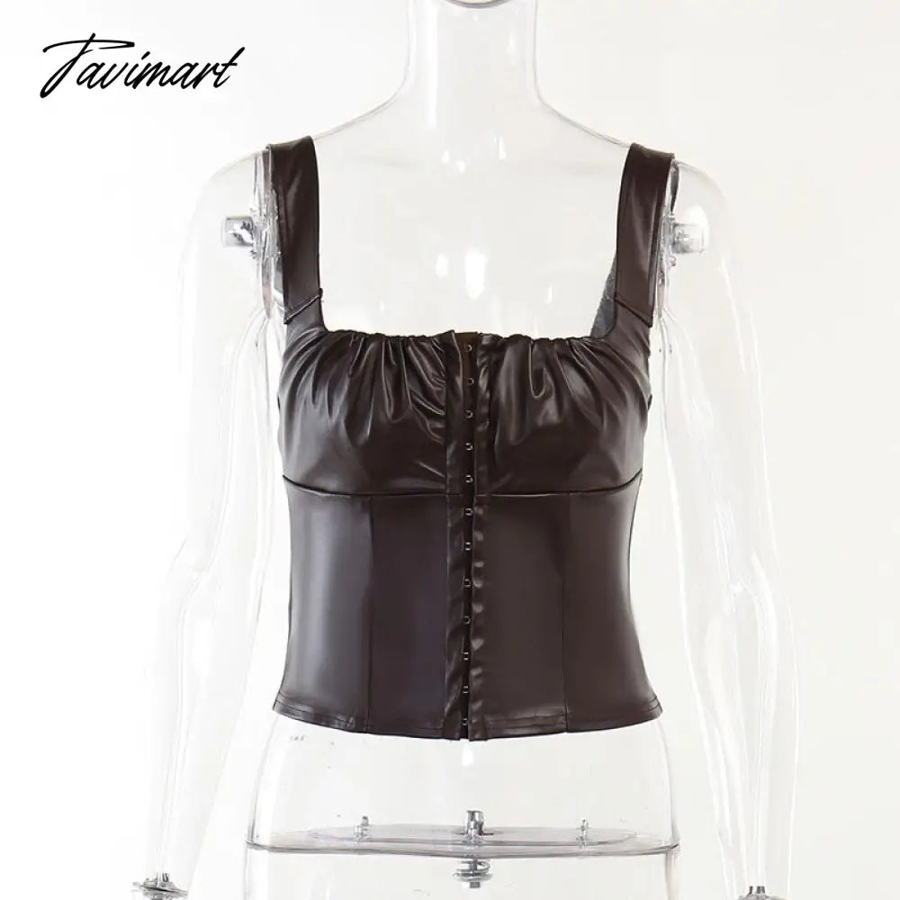 Sexy Sleeveless PU Leather Crop Top Women Elegant Backless Short Corset Tops Female Single-breasted Slim Tank Top