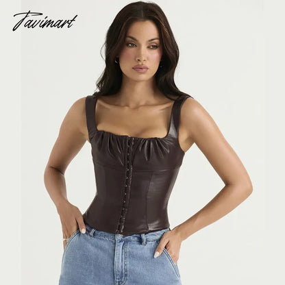 Sexy Sleeveless PU Leather Crop Top Women Elegant Backless Short Corset Tops Female Single-breasted Slim Tank Top