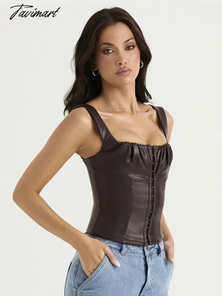 Sexy Sleeveless PU Leather Crop Top Women Elegant Backless Short Corset Tops Female Single-breasted Slim Tank Top