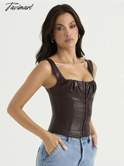 Sexy Sleeveless PU Leather Crop Top Women Elegant Backless Short Corset Tops Female Single-breasted Slim Tank Top