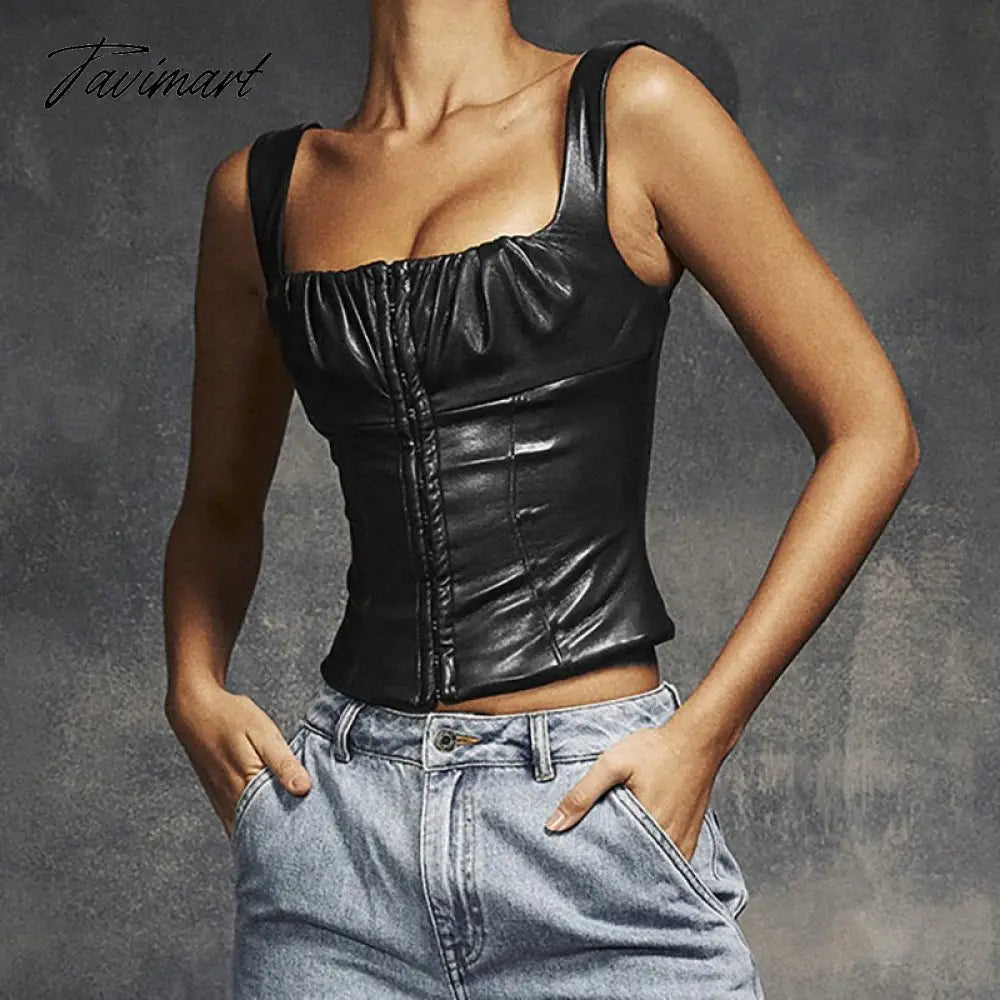 Sexy Sleeveless PU Leather Crop Top Women Elegant Backless Short Corset Tops Female Single-breasted Slim Tank Top