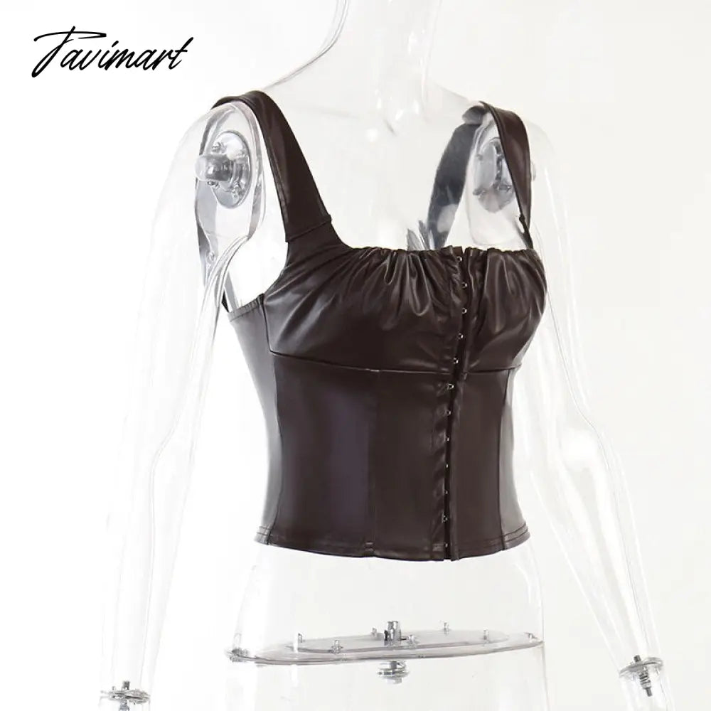 Sexy Sleeveless PU Leather Crop Top Women Elegant Backless Short Corset Tops Female Single-breasted Slim Tank Top