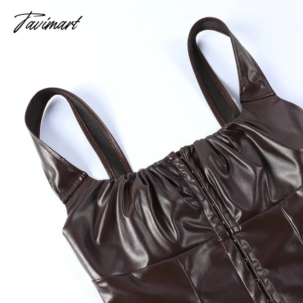 Sexy Sleeveless PU Leather Crop Top Women Elegant Backless Short Corset Tops Female Single-breasted Slim Tank Top