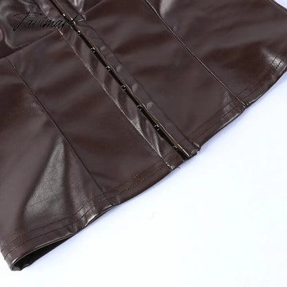 Sexy Sleeveless PU Leather Crop Top Women Elegant Backless Short Corset Tops Female Single-breasted Slim Tank Top