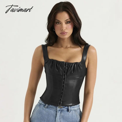 Sexy Sleeveless PU Leather Crop Top Women Elegant Backless Short Corset Tops Female Single-breasted Slim Tank Top