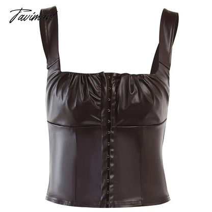 Sexy Sleeveless PU Leather Crop Top Women Elegant Backless Short Corset Tops Female Single-breasted Slim Tank Top