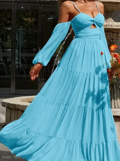 Sexy Solid Slash neck Long Dress Autumn Boho Women Dress Casual Elegant Camisole Holiday French Maxi Dress A2181