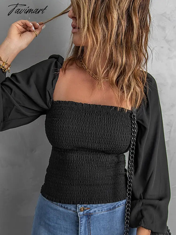 Sexy Solid Square Collar Loose Blouses Ladies Tops Spring/Autumn Lantern Sleeve Shirts Blusas Mujer Shirts Short A1816