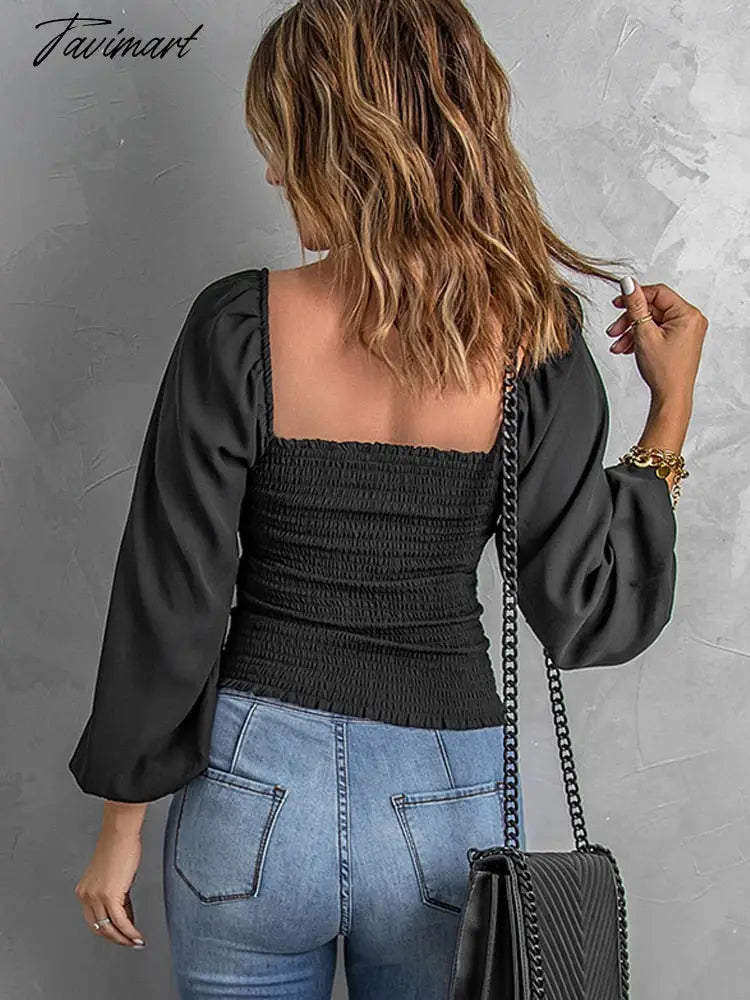 Sexy Solid Square Collar Loose Blouses Ladies Tops Spring/Autumn Lantern Sleeve Shirts Blusas Mujer Shirts Short A1816